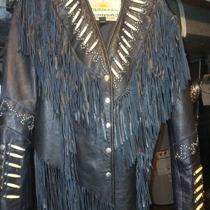 Riders by Lee Black Leather Jacket with Fringe and Stud Details